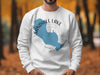 White sweatshirt with a blue Sandhill Lake map and compass design.