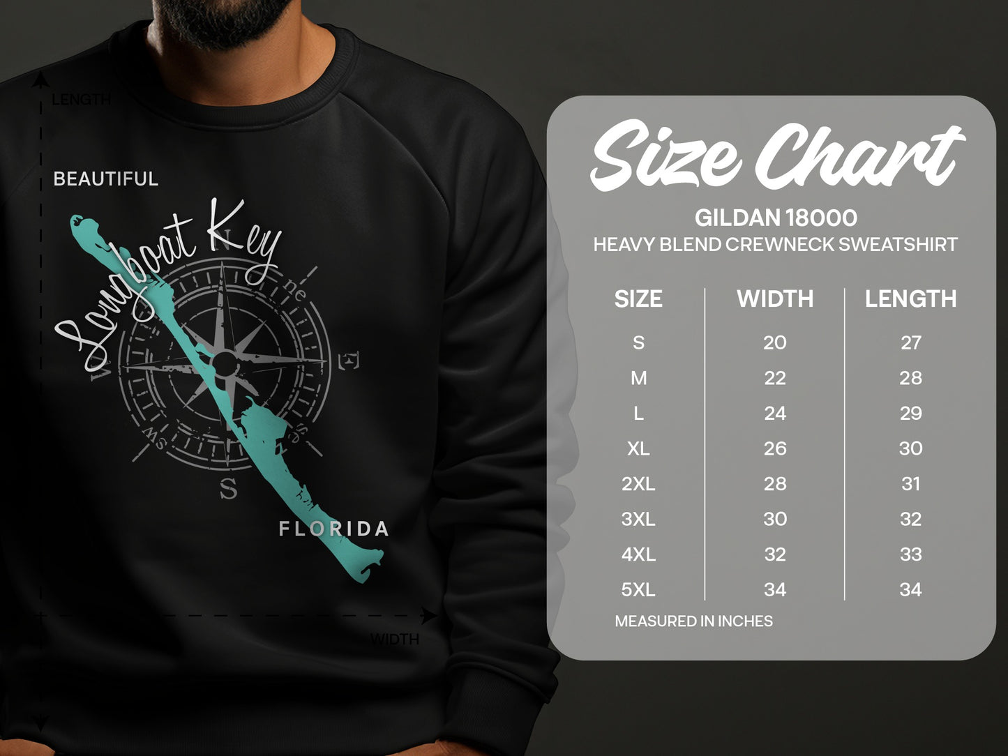 Crewneck sweatshirt with "Longboat Key, Florida" compass design and size chart.
