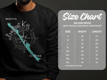 Crewneck sweatshirt with "Longboat Key, Florida" compass design and size chart.