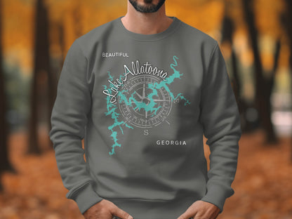 Gray sweatshirt with a teal compass rose and Lake Allatoona Georgia map graphic.