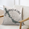 Pillow with Chautauqua Lake map, compass rose, and "New York" text.