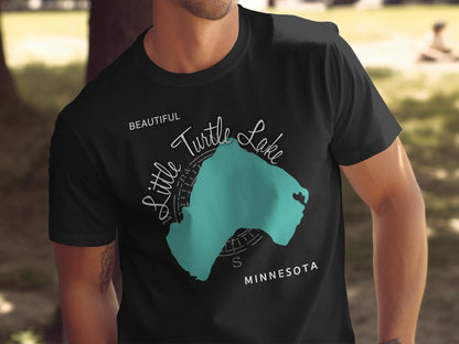 Black t-shirt with teal map of Little Turtle Lake, Minnesota.