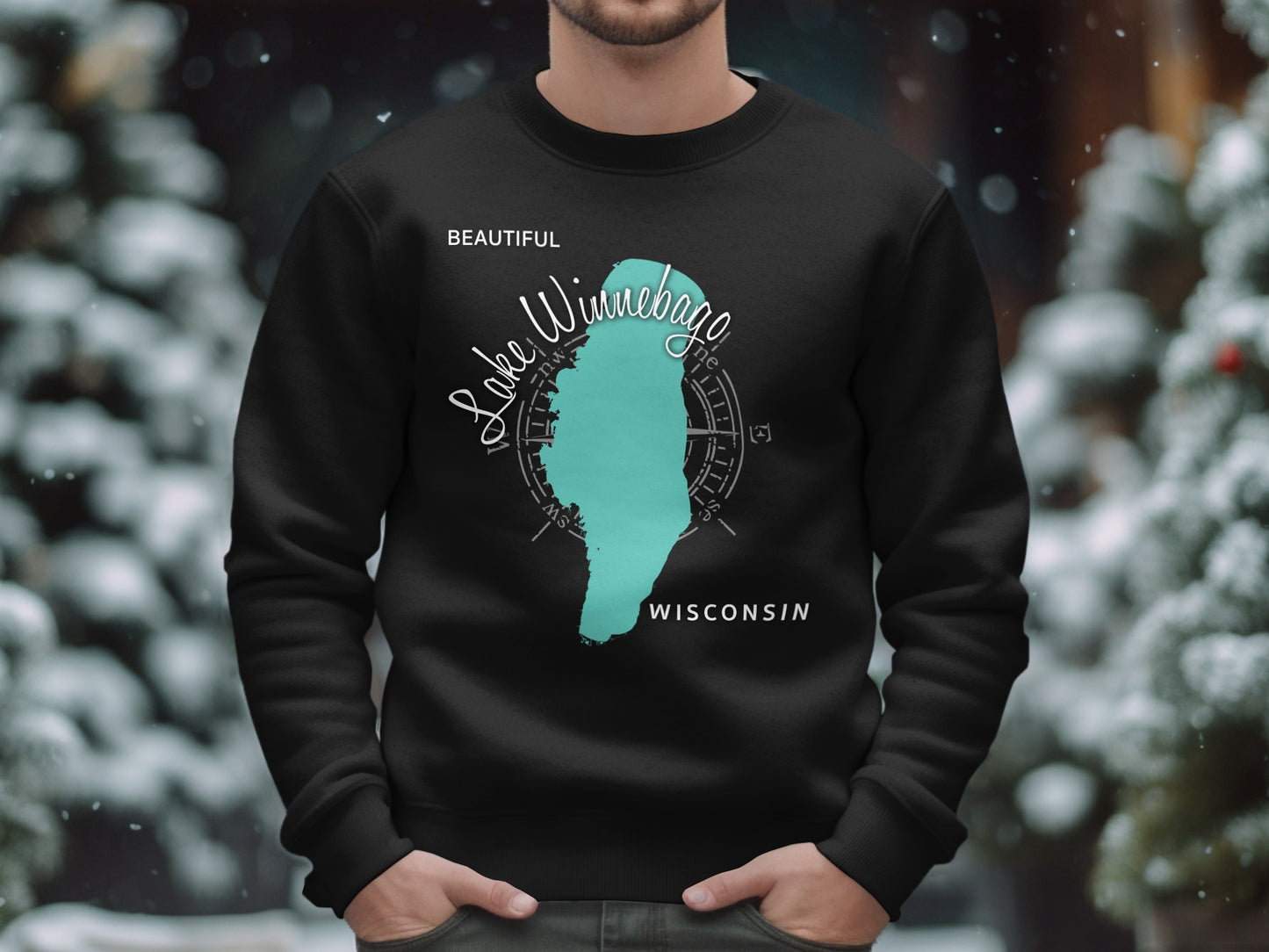 Black sweatshirt with "Lake Winnebago Wisconsin" map graphic and compass rose.