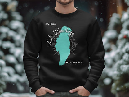 Black sweatshirt with "Lake Winnebago Wisconsin" map graphic and compass rose.