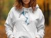 White hoodie with Lizard Lake Minnesota map and compass design.
