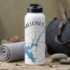 White water bottle with "MELONES" text and a compass-style lake graphic.