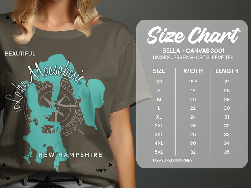 T-shirt with Lake Massabesic map design and size chart.
