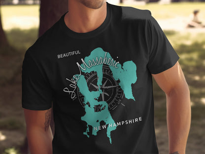 Black t-shirt with teal Massabesic Lake map and compass design.