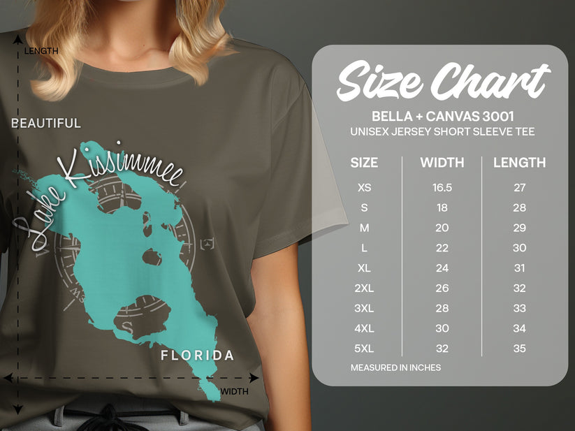Bella + Canvas 3001 size chart with Lake Kissimmee graphic and measurements.