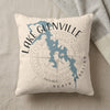 Cream pillow with blue Lake Glenville map, compass rose, and "North Carolina" text.