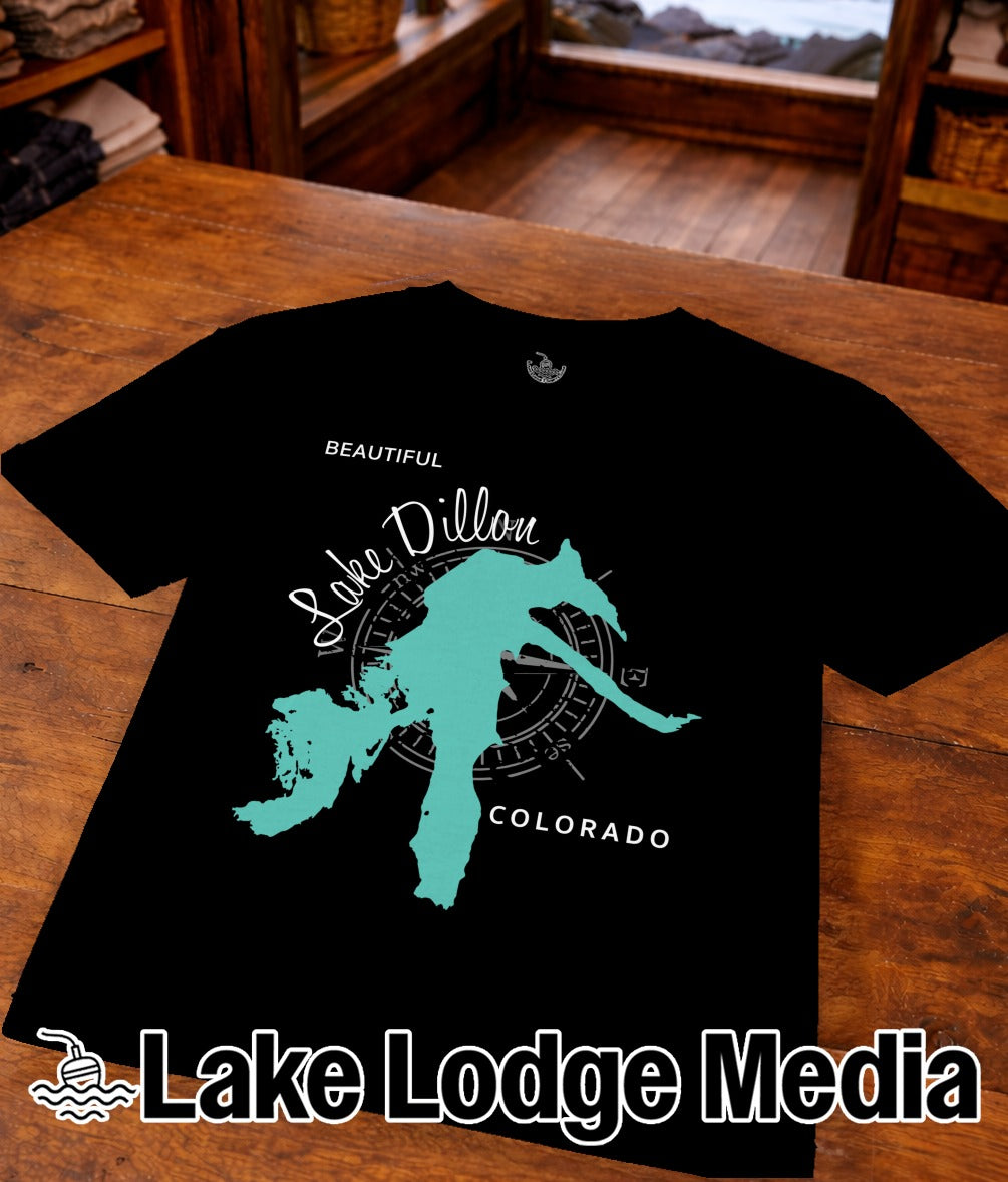 Black t-shirt with teal outline of Lake Dillon, Colorado, and compass graphic.