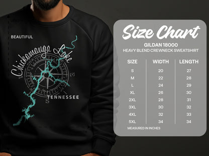 Crewneck sweatshirt with Chickamauga Lake map graphic and size chart.