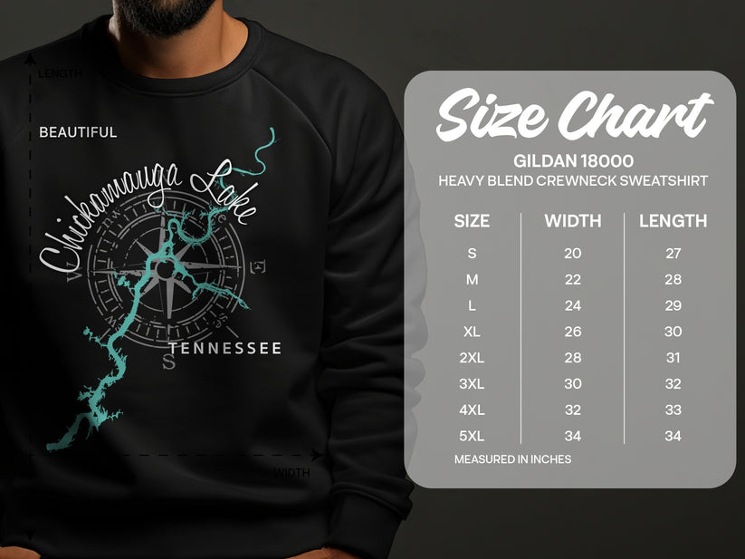 Crewneck sweatshirt with Chickamauga Lake map graphic and size chart.