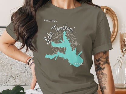 Green t-shirt featuring a teal map outline of Lake Tawakoni, Texas.