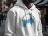 White hoodie featuring a blue Diamond Valley Lake California map graphic with text.
