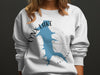 White sweatshirt with blue Lynx Lake outline featuring compass rose and "Arizona" text.