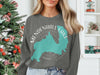 Crewneck sweatshirt with turquoise outline map of Mendenhall Lake, Alaska.