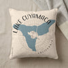 Cream pillow with blue Lake Cuyamaca California map and compass design.