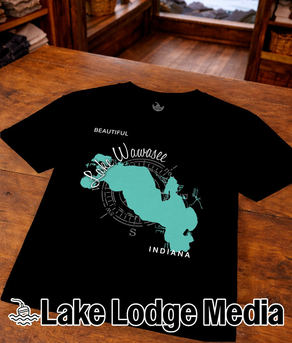 Black t-shirt featuring a turquoise map of Lake Wawasee, Indiana, with text.