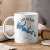 White mug with Lake Cachuma California map and compass design.