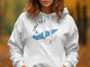 White hoodie with blue Lake Erie and Pennsylvania map graphic with compass.