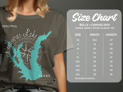 T-shirt size chart for Calaveras Lake graphic tee.