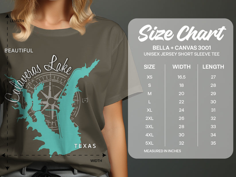 T-shirt size chart for Calaveras Lake graphic tee.