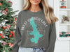 Dark grey sweatshirt with "West Okoboji Lake" and lake outline graphic.