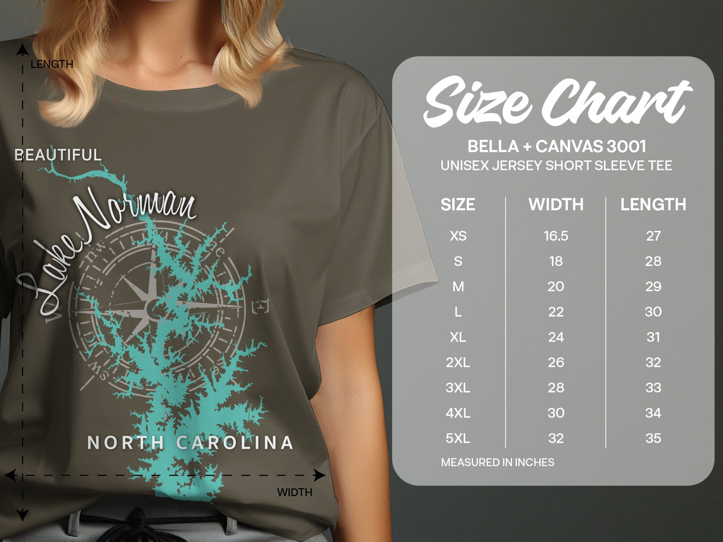 T-shirt with Lake Norman map graphic and size chart.