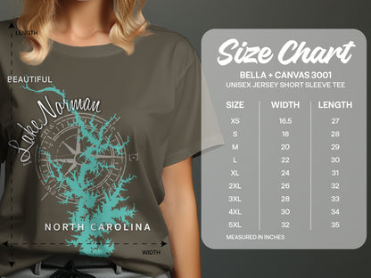 T-shirt with Lake Norman map graphic and size chart.