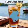 Glass of iced tea with a lemon slice, featuring a blue map of Lake Moultrie.