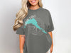 Dark grey t-shirt with teal Bow Lake map graphic and compass.