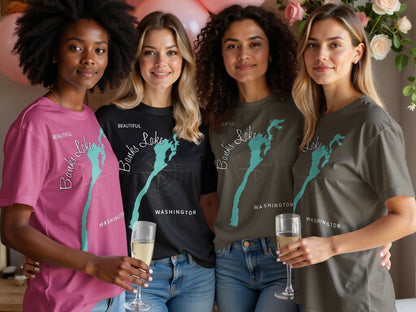 Four women wear graphic t-shirts featuring a lake and "Beautiful Banks Lake Washington."