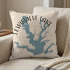 Pillow with a blue map of Lewisville Lake, Texas, and compass rose design.