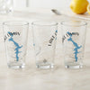 Three clear glasses with a blue Lake Lyman map and compass design.