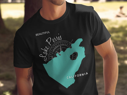 Black t-shirt with "Lake Perris, California" and compass design.