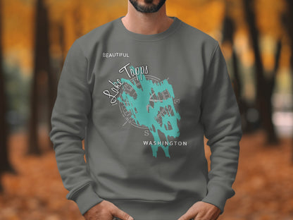 Gray sweatshirt with teal Lake Tapps Washington graphic and compass rose.