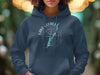 Navy blue hooded sweatshirt featuring Lake George, New York map and compass design.