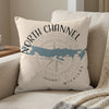 Pillow with "North Channel Michigan" text, a blue map outline, and compass rose.