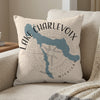 Cushion with blue Lake Charlevoix map and compass rose graphic, text reads "Lake Charlevoix Michigan".