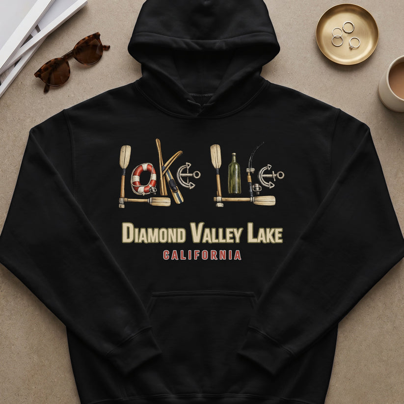 Black hoodie with "DIAMOND VALLEY LAKE CALIFORNIA" and lake-themed graphics.