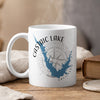 White mug with "Castaic Lake California" design and compass rose graphic.