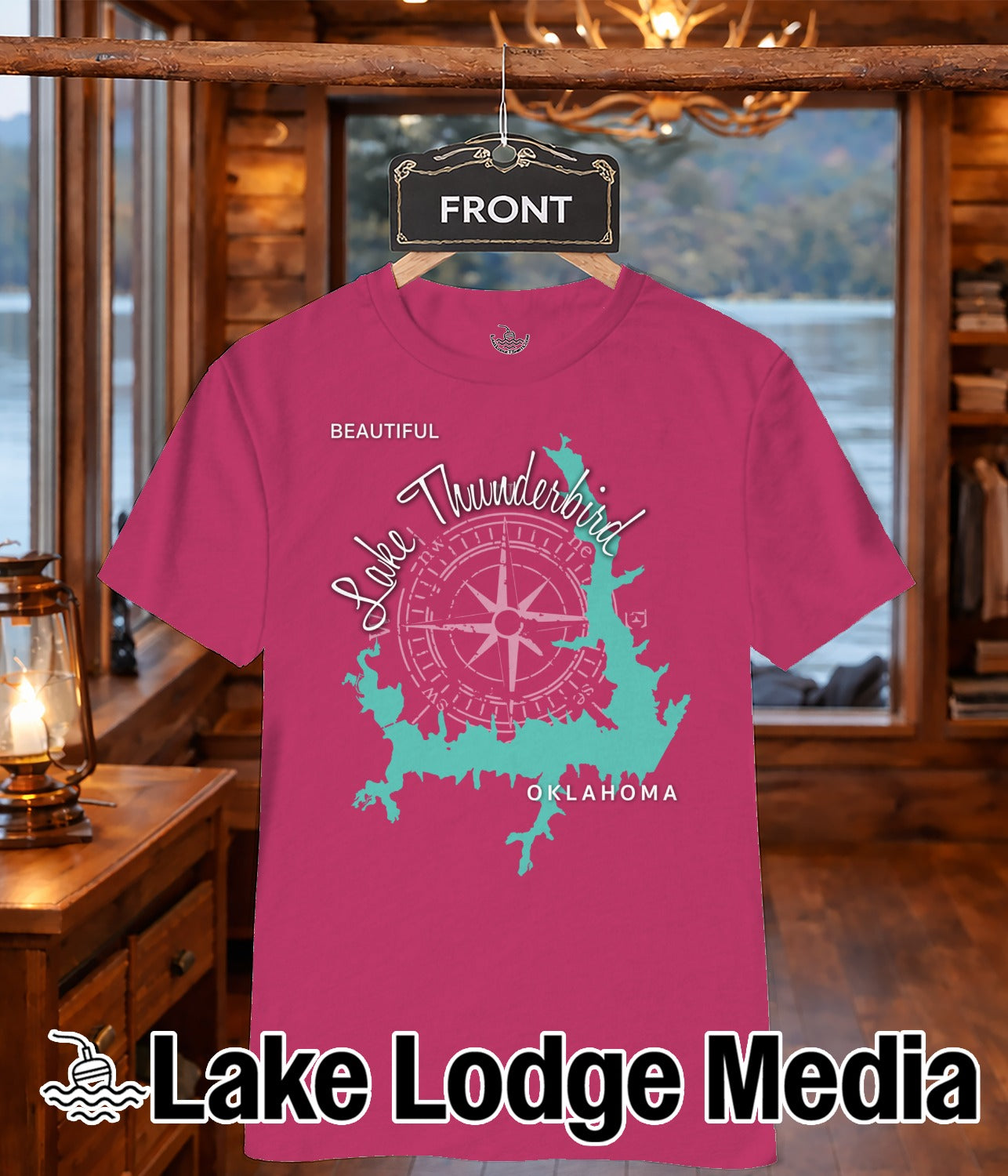Pink t-shirt with a turquoise compass rose and "Lake Thunderbird Oklahoma" text.