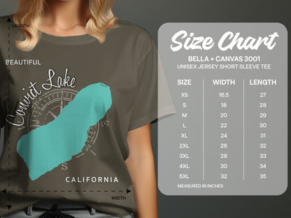 T-shirt size chart for Bella + Canvas 3001 with lake graphic.