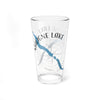 Clear glass pint glass with Maligne Lake map and compass graphic.