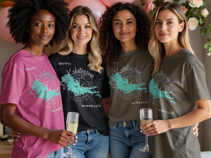Four women in graphic t-shirts for Lake Kabetogama, Minnesota.
