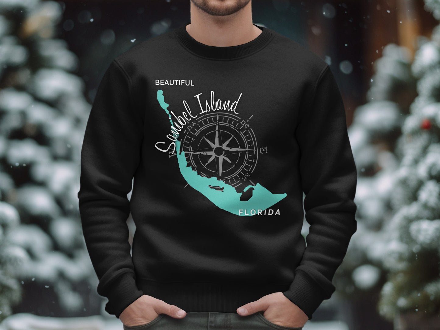 Black sweatshirt with Sanibel Island map and compass graphic, "Florida".
