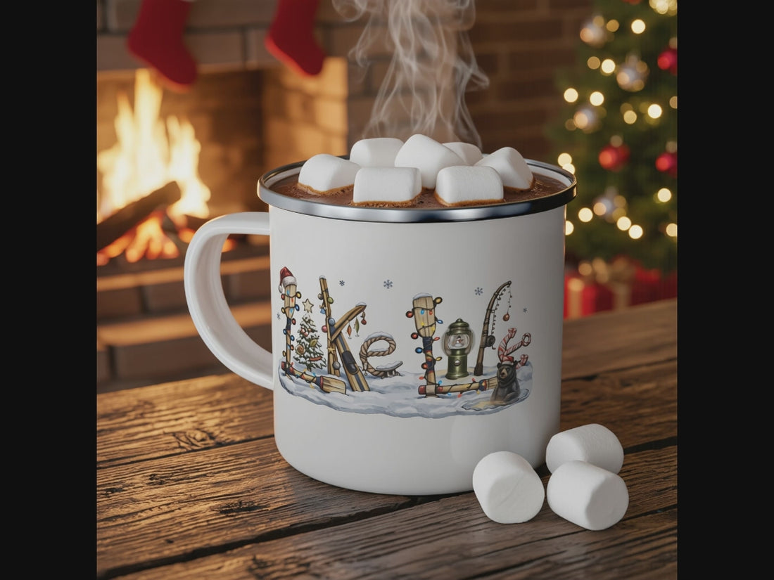 Translation missing: en.Christmas Lake Life Camping Mug 12 oz. | Lightweight Enameled Stainless Steel Mug | Holiday Christmas Mug